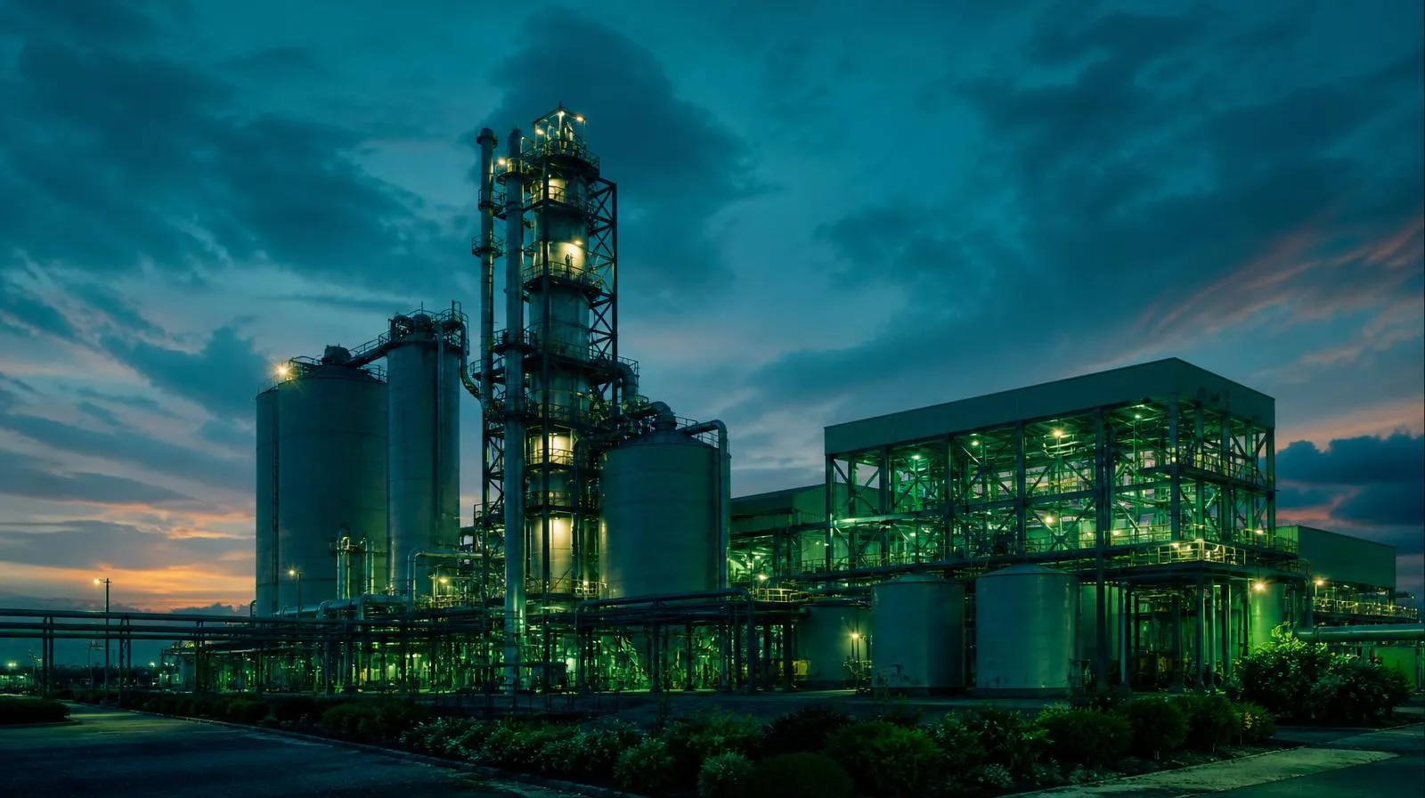 Fertilizer refinery at dusk